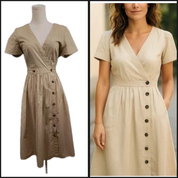 J. Crew Dresses & Skirts - J. CREW Ladies Button Front Waisted Poplin Khaki Beige Dress Size 4 w/pockets